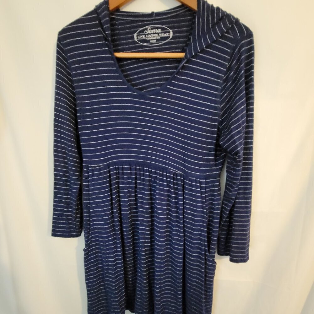 Women's Loungewear SOMA M Medium Blue Silver‎ Hooded Dress Nightgown
